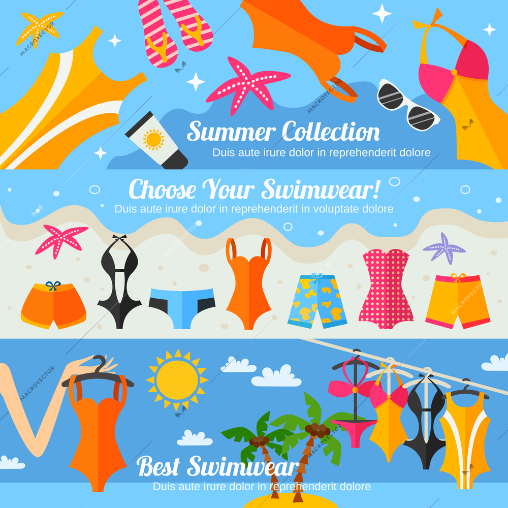 Summer beach clothing accessories and swimwear fashion collection flat color horizontal banner set isolated vector illustration