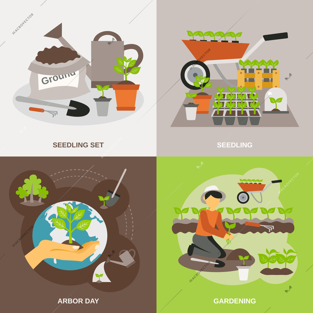 Seedling design concept set with gardening flat icons isolated vector illustration