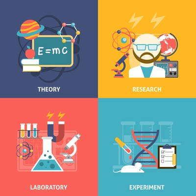 Science theory research laboratory and experiment flat color decorative icon set isolated vector illustration