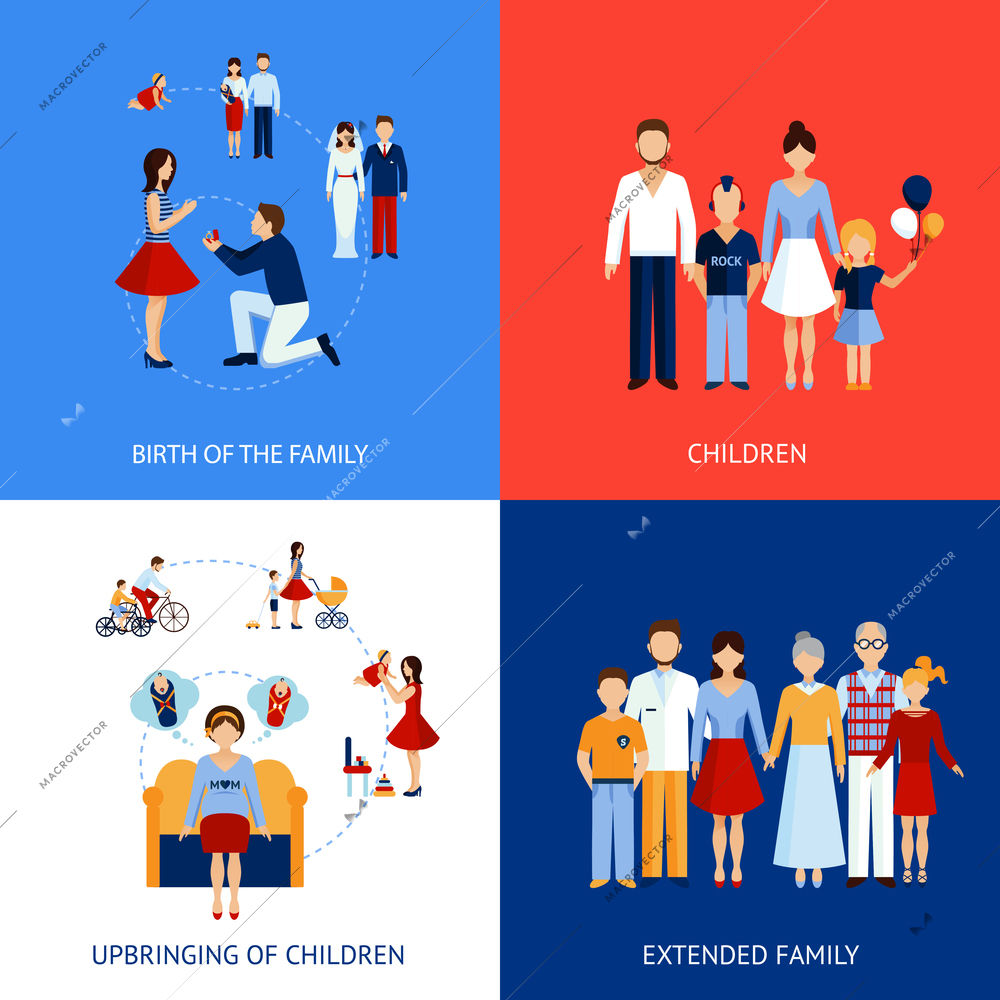 Family design concept set with people relationship flat icons isolated vector illustration