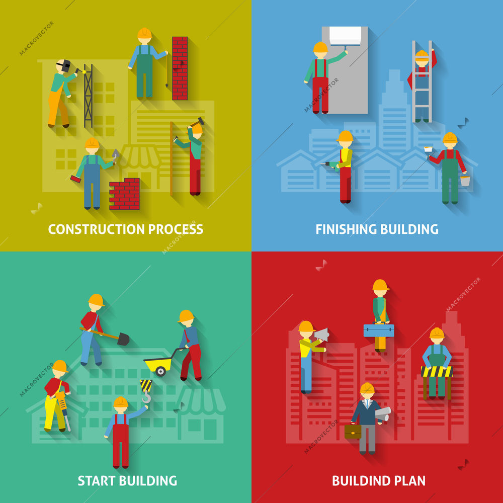 Building plan start process and finishing with workers flat color decorative icon set isolated vector illustration