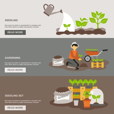 Seedling horizontal banner set with gardening flat elements isolated vector illustration