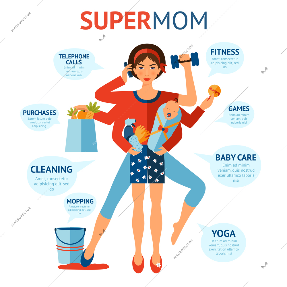 Multitasking super mom concept with woman holding baby and housework objects in hands vector illustration