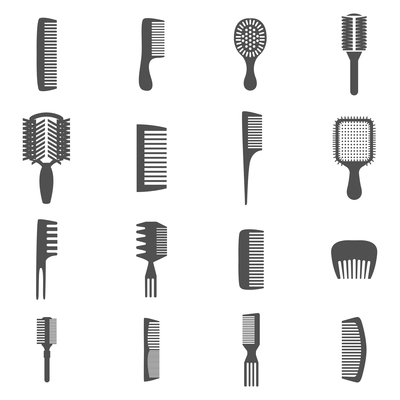 Combs and hair fashion equipment black flat icons set isolated vector illustration