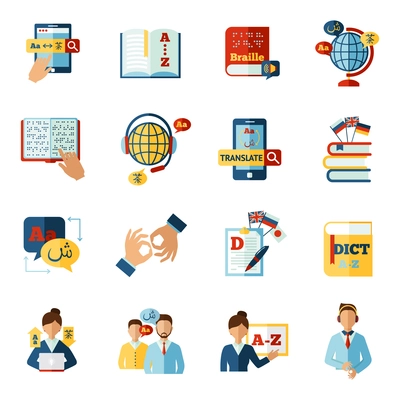 Different languages translator and dictionary icons set isolated vector illustration