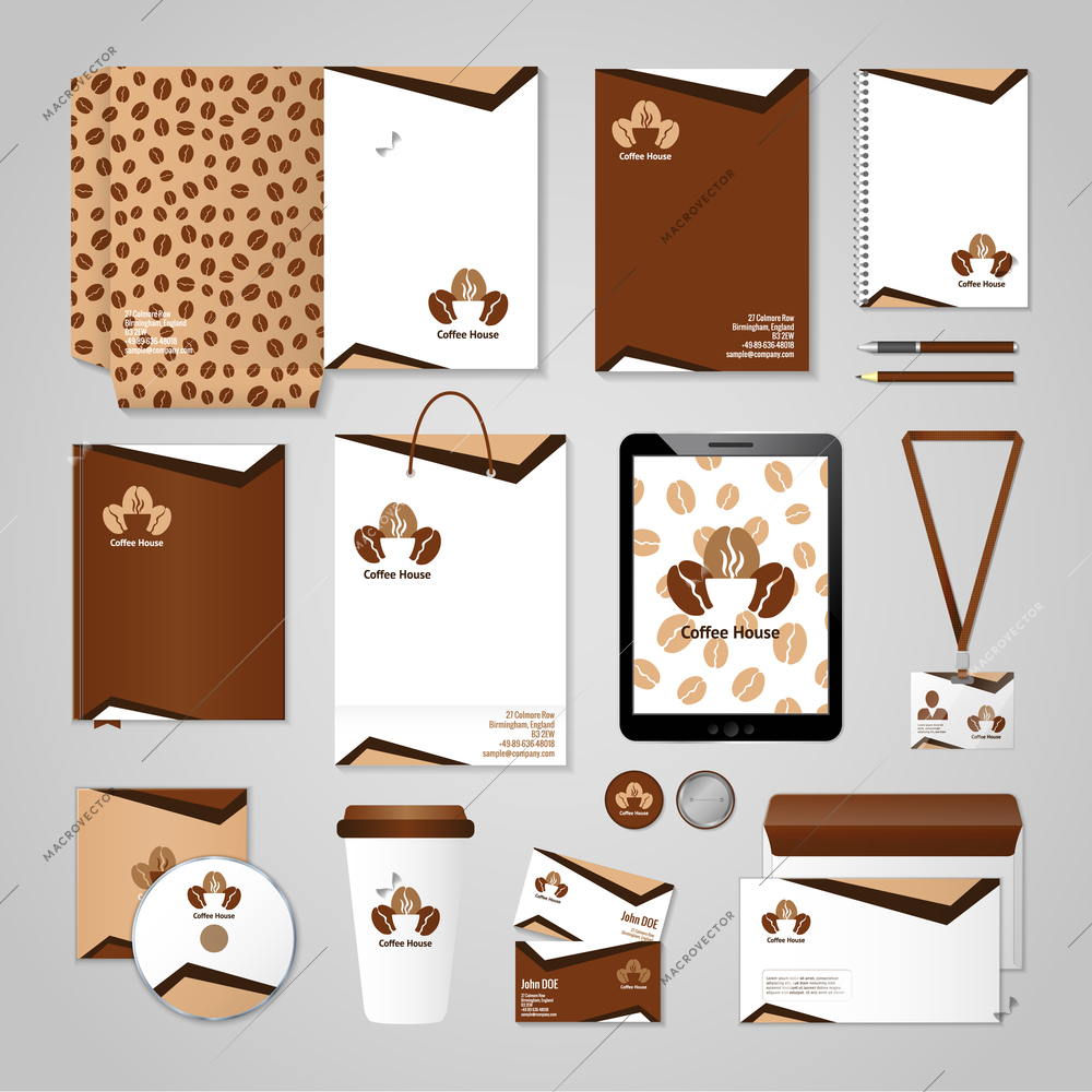 Cafe identity with coffee ornament stationery set isolated vector illustration