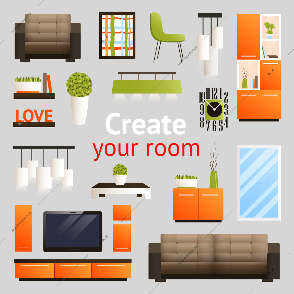 Create your room set with living room furniture objects isolated vector illustration