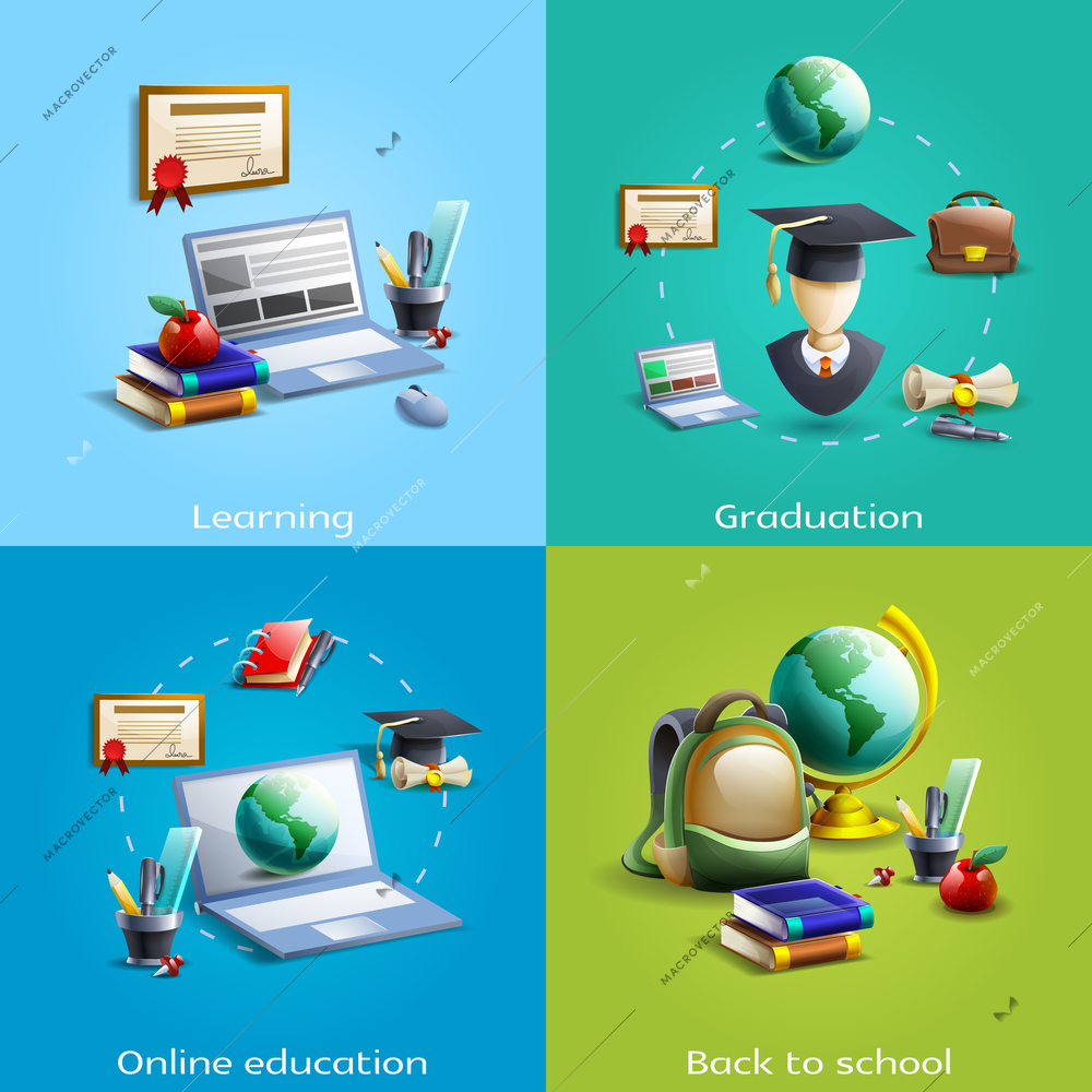 School university and online education and learning cartoon icons set shadow isolated vector illustration