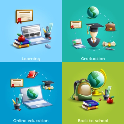 School university and online education and learning cartoon icons set shadow isolated vector illustration