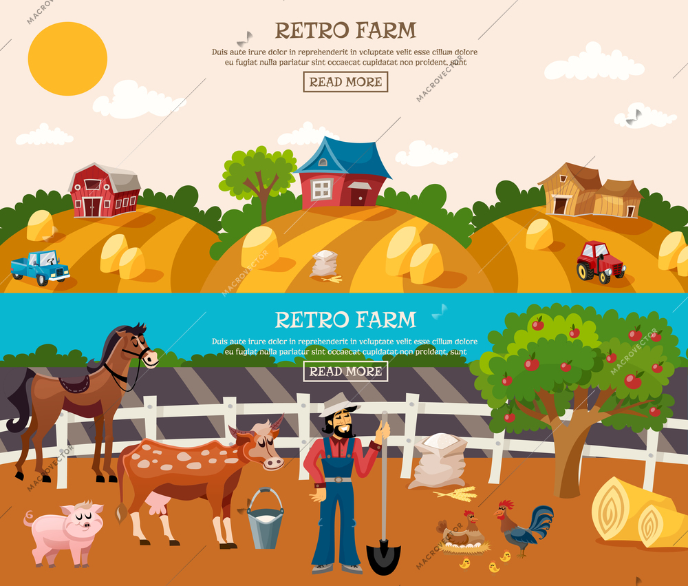 Retro farm horizontal banner set with farmer and animals isolated vector illustration