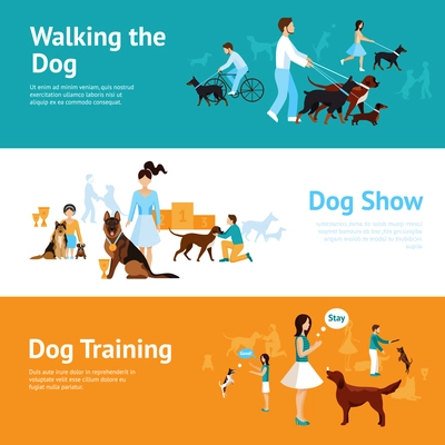 People with dogs banner set with walking and training elements isolated vector illustration
