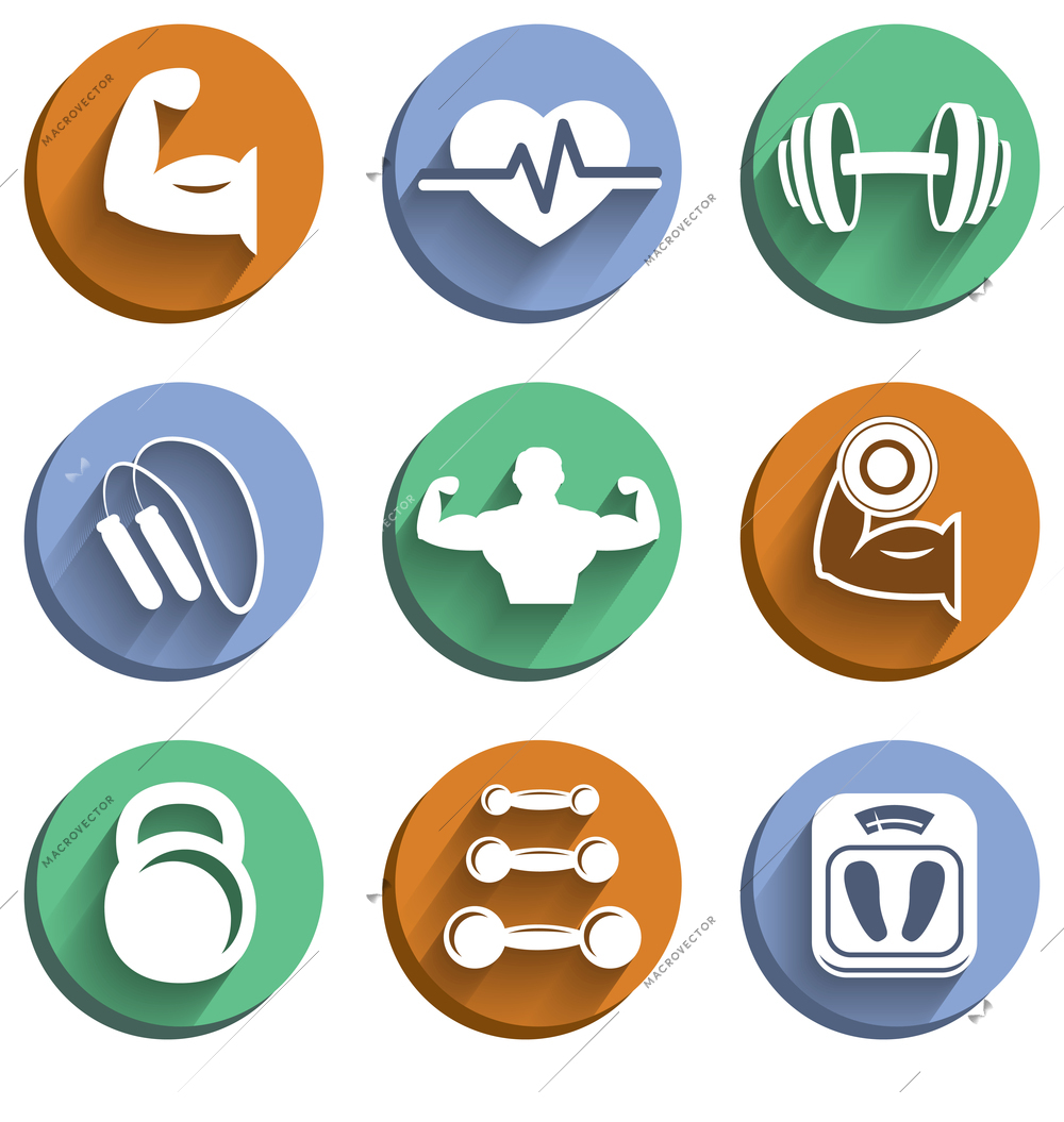 Fitness bodybuilding sport icons set of diet dumbbells healthy body isolated vector illustration