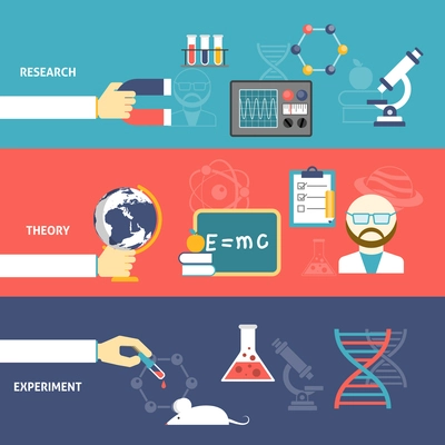 Science theory research and experiment hand with devices flat color horizontal banner set isolated vector illustration