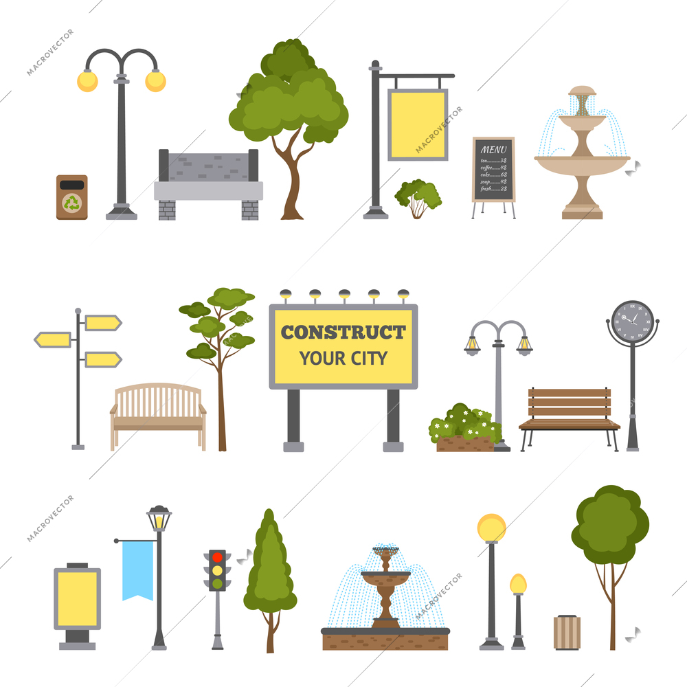 Outdoor and city landscape design object set isolated vector illustration