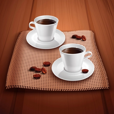 Coffee realistic background with two porcelain cups on wooden table vector illustration