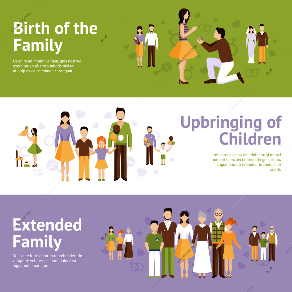 Family horizontal banner set with parents and children characters isolated vector illustration