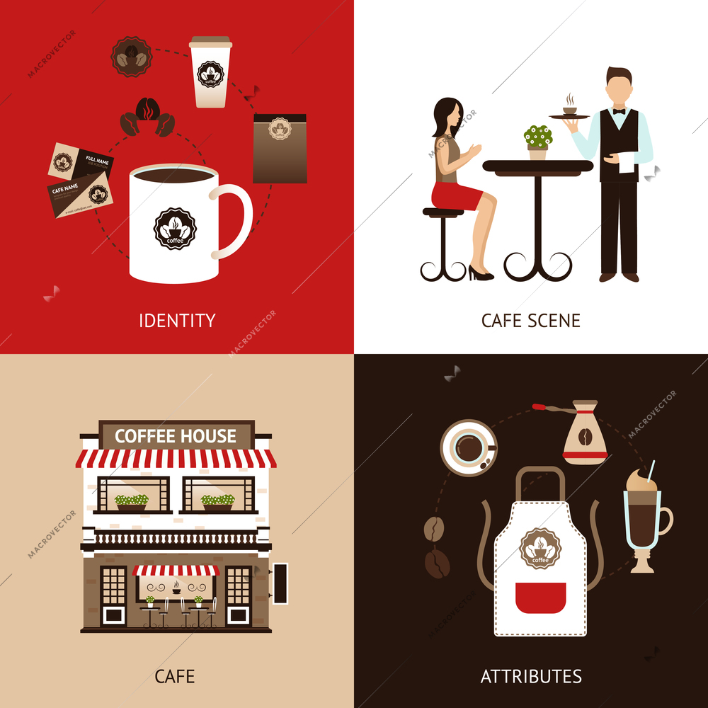 Coffee house design concept set with cafe identity flat icons isolated vector illustration