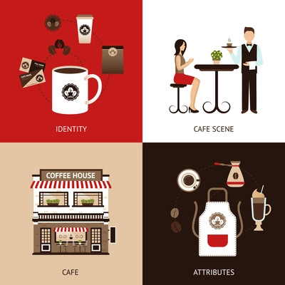 Coffee house design concept set with cafe identity flat icons isolated vector illustration