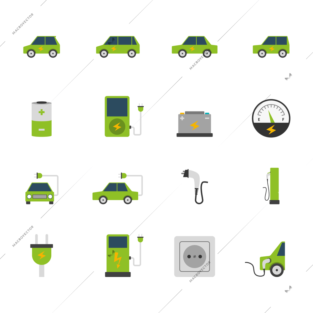 Electric car bus charging station and socket green flat color icon set isolated vector illustration