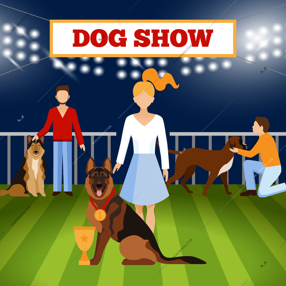 People with dogs on pet show competition poster vector illustration