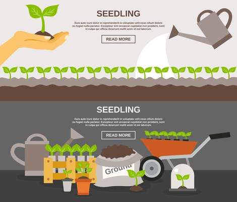 Seedling horizontal banner set with plants and gardening equipment flat elements isolated vector illustration