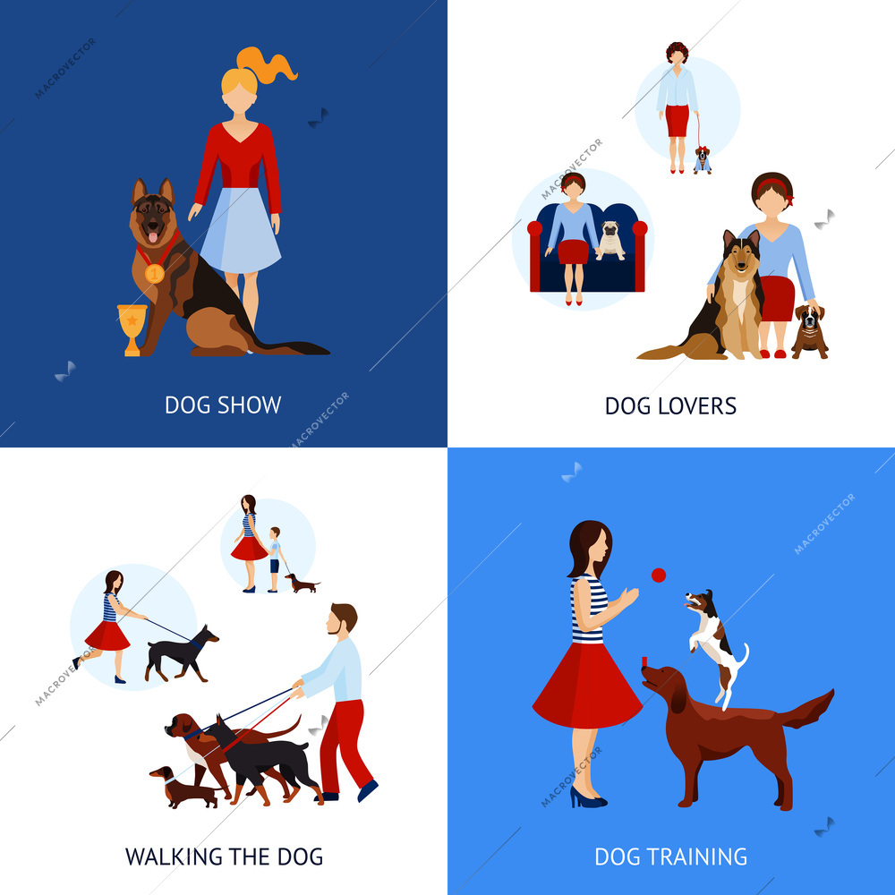 People with dogs design concept set with walking and training flat icons isolated vector illustration