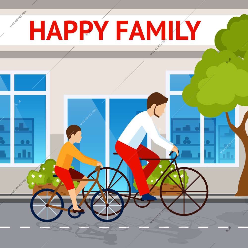 Happy family concept with dad and son riding on bicycles vector illustration