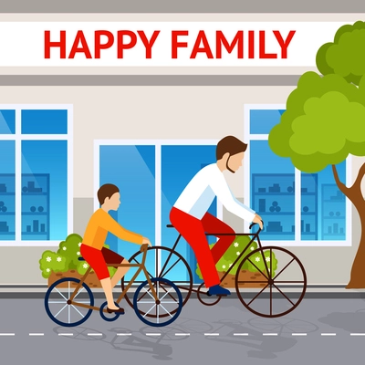 Happy family concept with dad and son riding on bicycles vector illustration