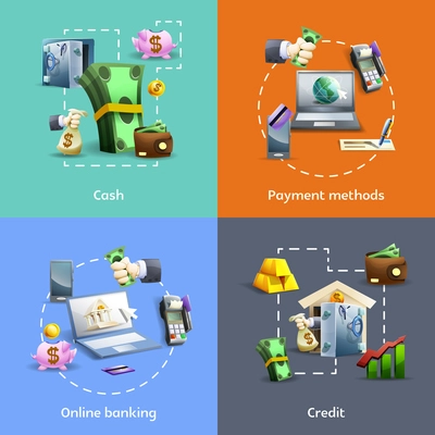 Banking and payment methods cartoon icons set with online operations  and credit isolated vector illustration