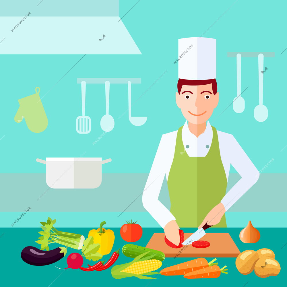 Cooking process chef cut tomato with much of vegetables on table flat color concept vector illustration