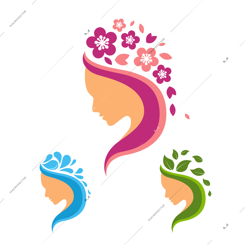 Beauty salon logo set with female profiles with flowers water and leaves elements isolated vector illustration