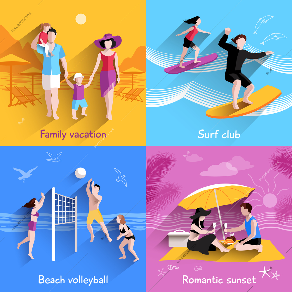 People on beach design concept with family vacation surf club flat icons isolated vector illustration