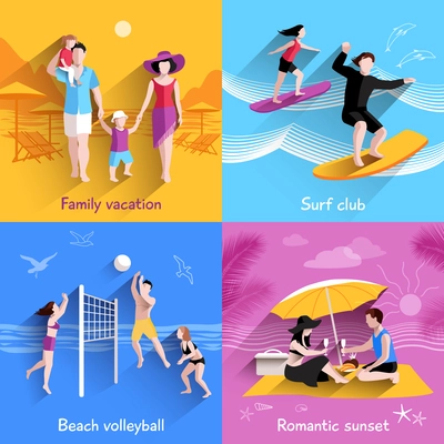 People on beach design concept with family vacation surf club flat icons isolated vector illustration