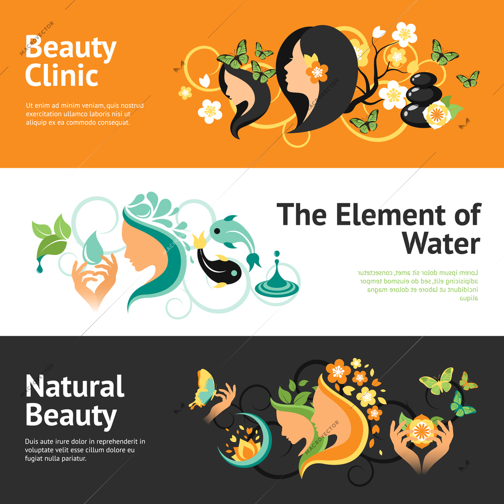 Beauty horizontal banner set  with wellness clinic elements isolated vector illustration