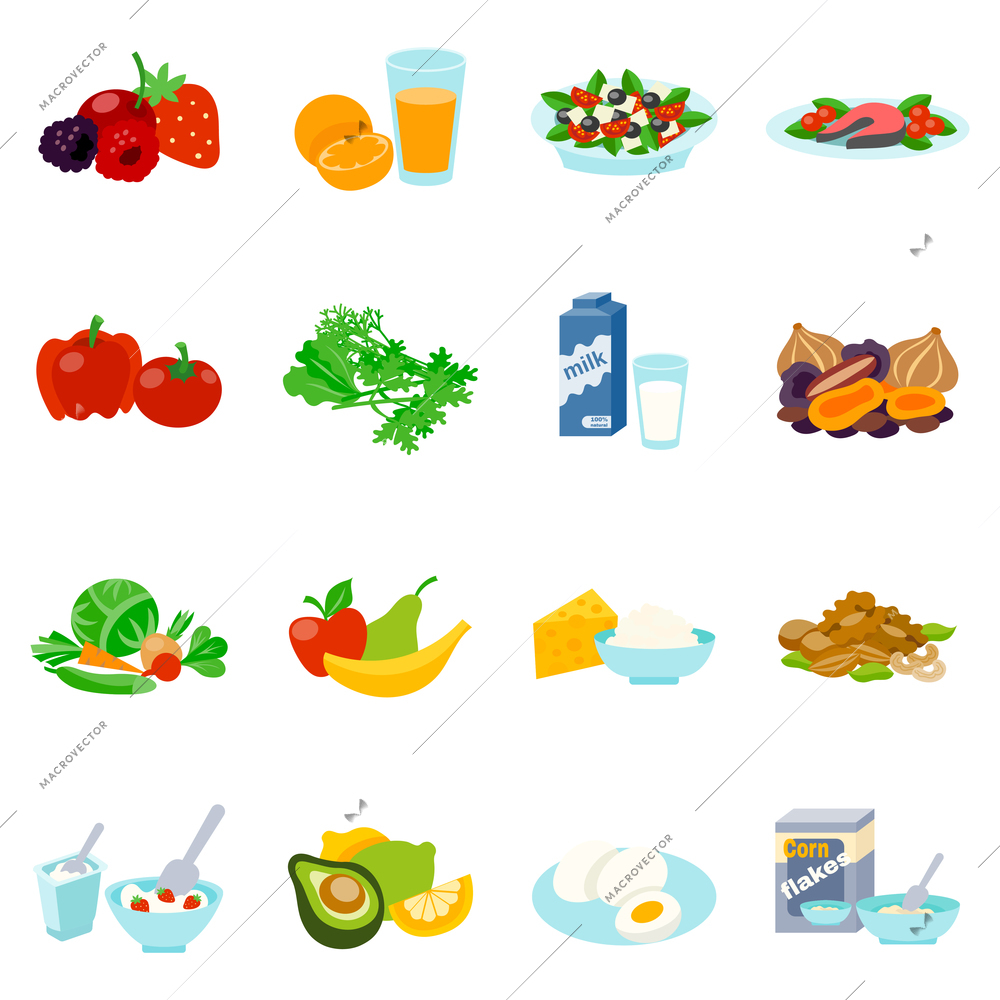 Healthy food flat icons set with fish steak greek salad organic milk isolated vector illustration
