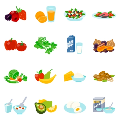 Healthy food flat icons set with fish steak greek salad organic milk isolated vector illustration