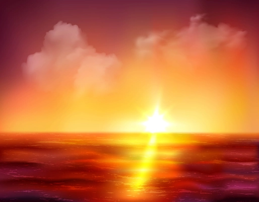 Beautiful sunrise over ocean with golden sun and dark red waves vector illustration