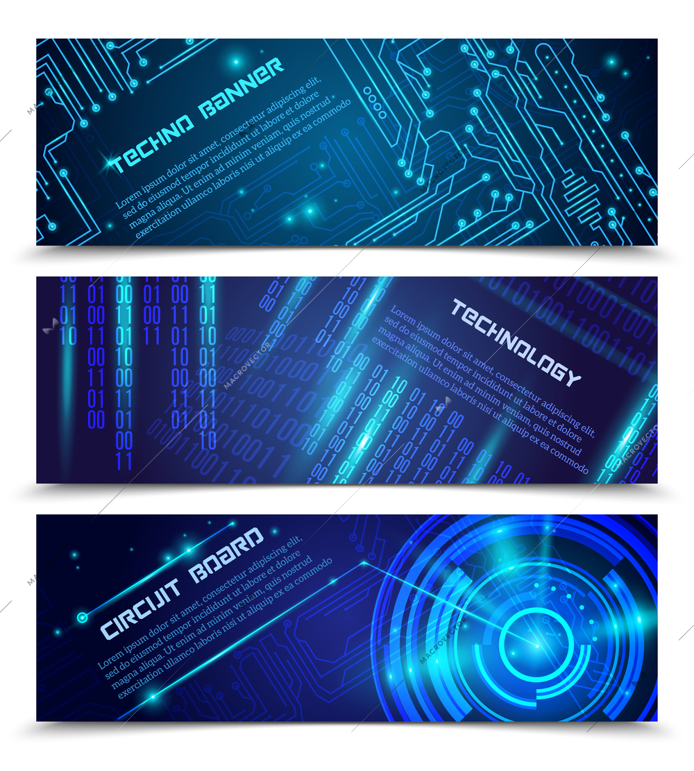 High tech horizontal banner set with abstract circuit pattern isolated vector illustration