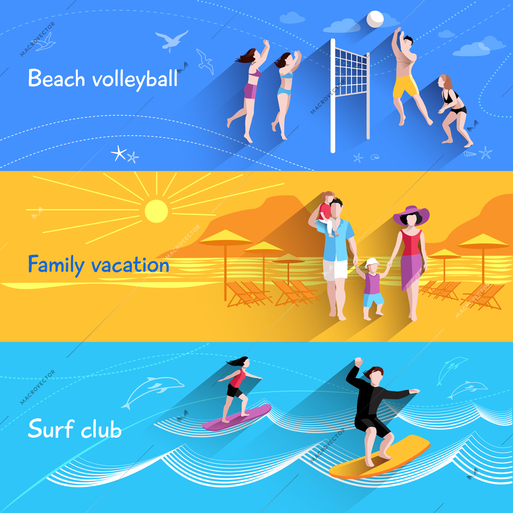 People on beach horizontal banner set with beach volleyball family vacation elements isolated vector illustration