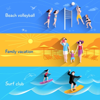 People on beach horizontal banner set with beach volleyball family vacation elements isolated vector illustration