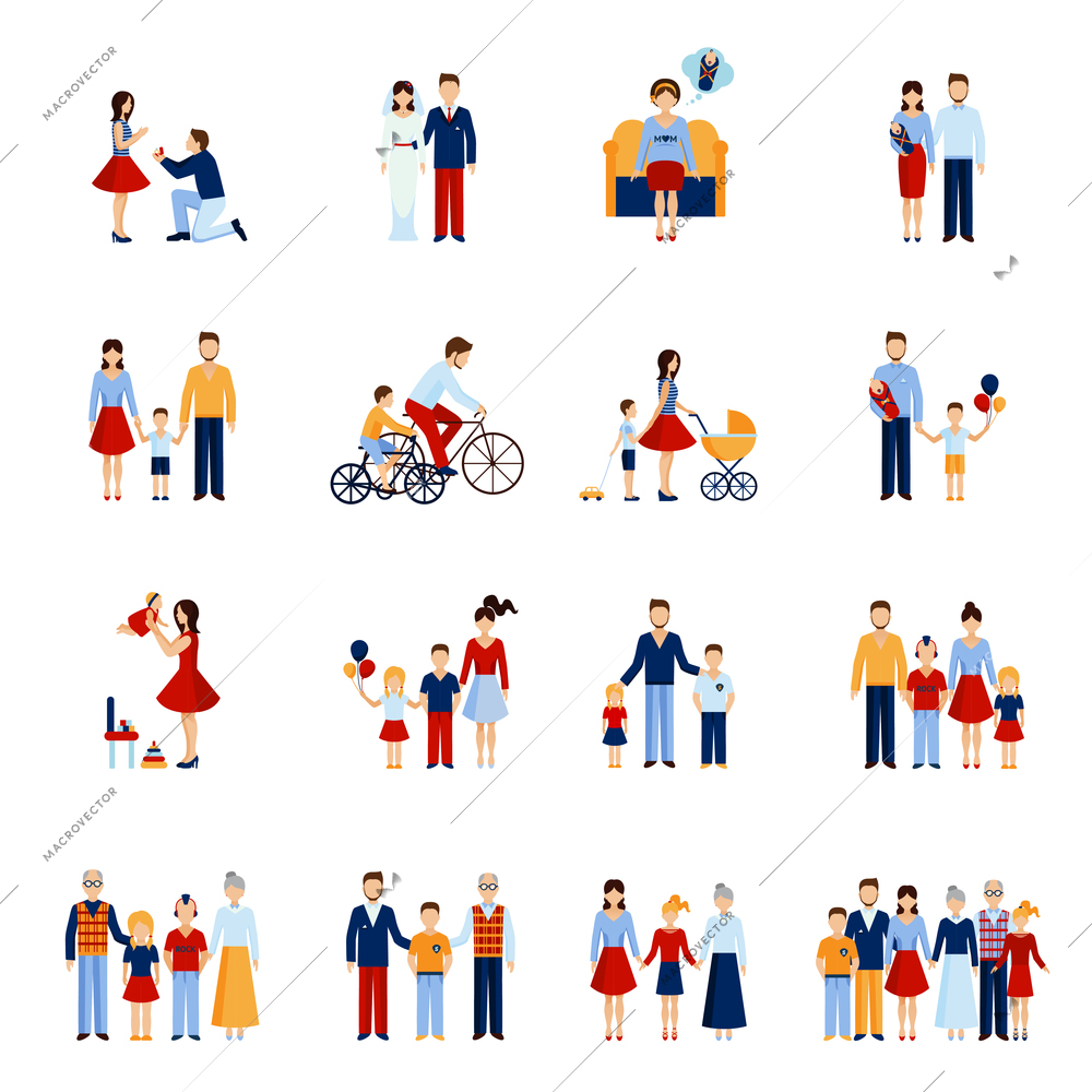 Family icons set with parents kids and other people figures isolated vector illustration