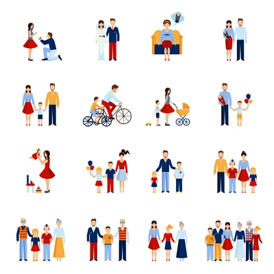 Family icons set with parents kids and other people figures isolated vector illustration