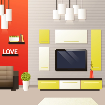 Living room interior with indoors flat furniture objects vector illustration