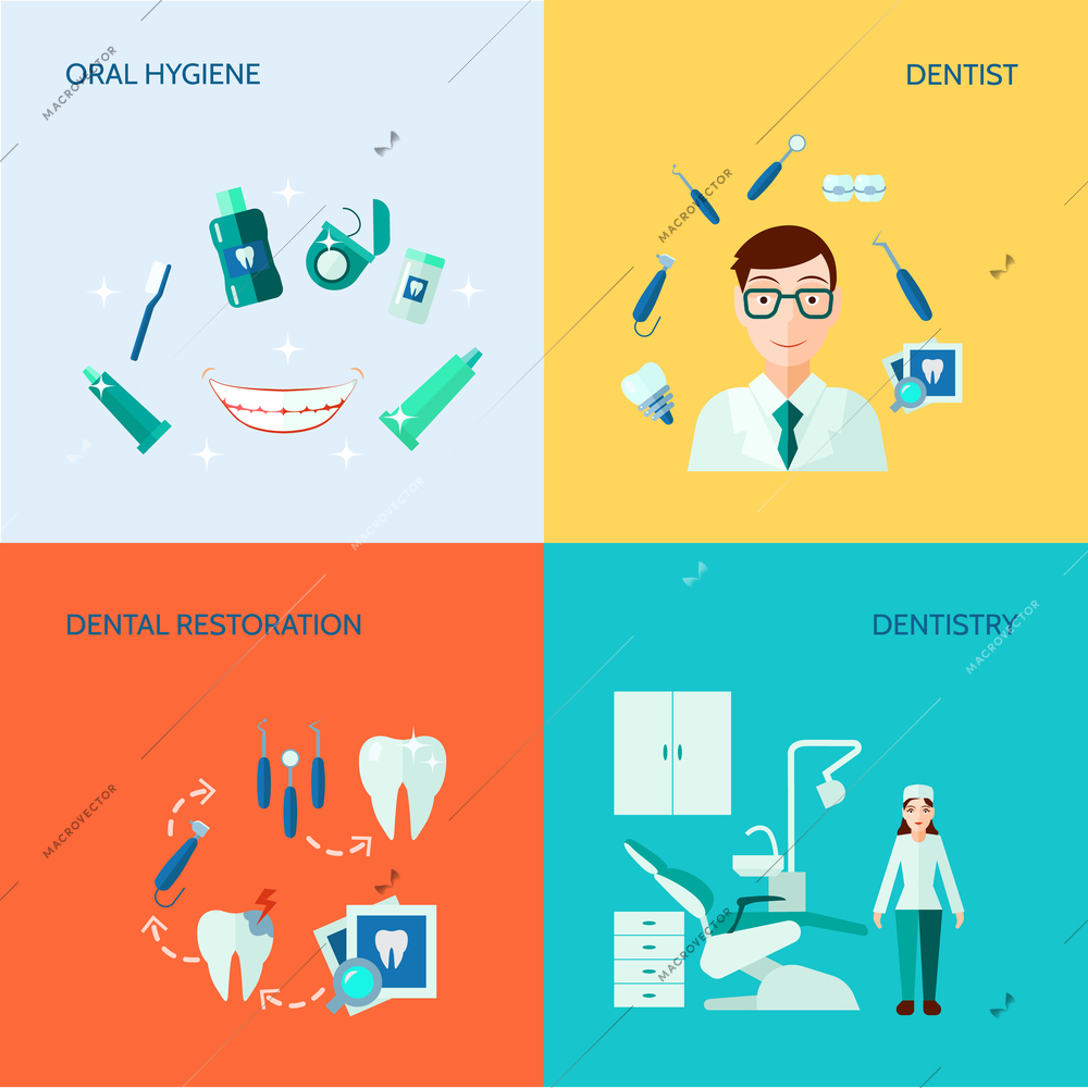 Dental treatment care and oral hygiene flat color  decorative icon set isolated vector illustration