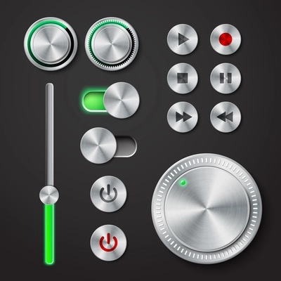 Metal interface buttons collection for power volume playback control vector illustration