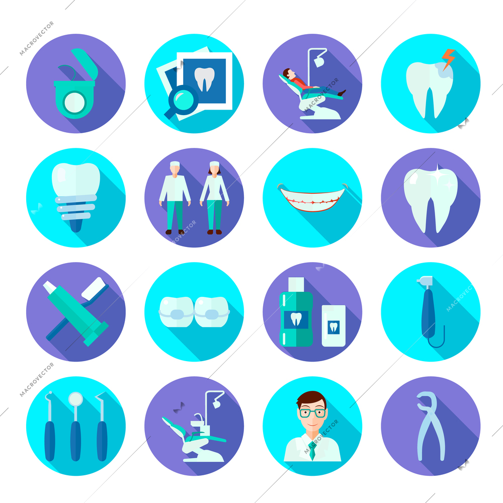 Dental tools doctor tooth care and symbols flat color icon set isolated vector illustration
