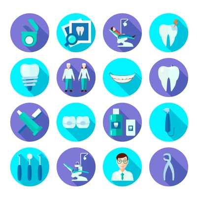 Dental tools doctor tooth care and symbols flat color icon set isolated vector illustration