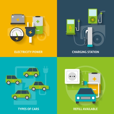 Electric car charging station and electricity power flat color decorative icon set isolated vector illustration