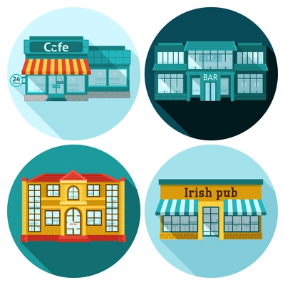 Cafe building front exterior flat icons set isolated vector illustration