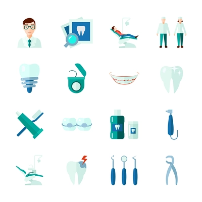 Dental icons set with teeth medical instruments and clinic flat isolated vector illustration